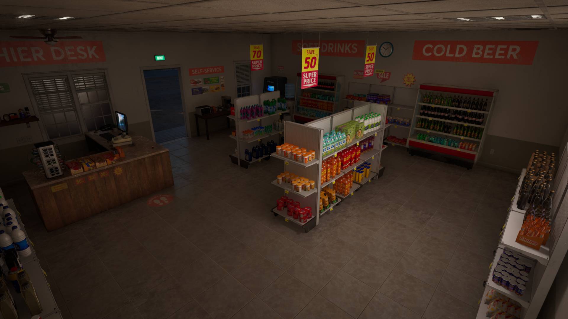 An abandoned supermarket, shelves still stocked, no one at the register